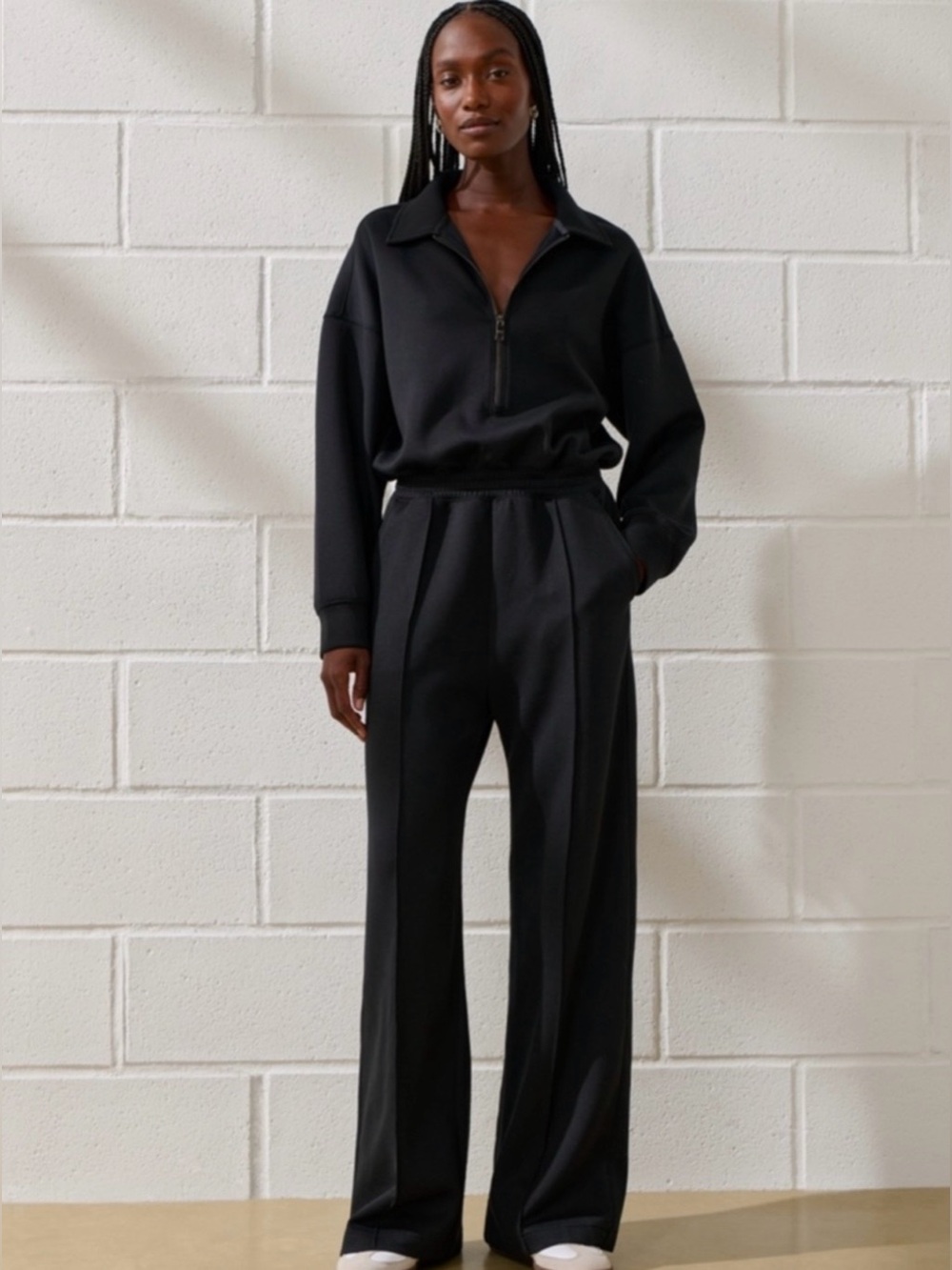 Abercrombie YPB Black NeoKNIT Wide Leg Half Zip Collared Jumpsuit Travel Lounge